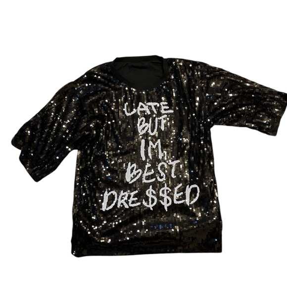 Steve Madden LATE BUT IM BEST DRE$$ED Black Sequins Silver Mini Dress SZ L - Picture 2 of 6